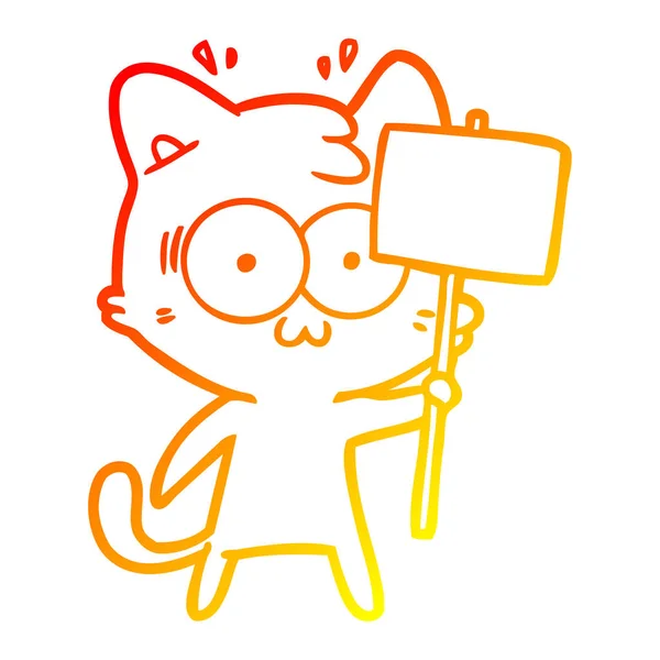 Meleg színátmenet vonal rajz rajzfilm meglepett macska integetett jel — Stock Vector