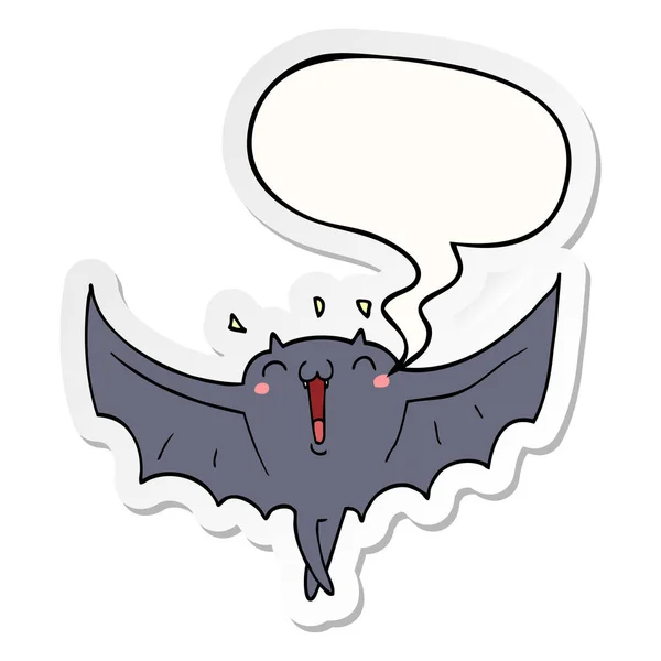Dibujos animados murciélago vampiro feliz y pegatina de la burbuja del habla — Vector de stock