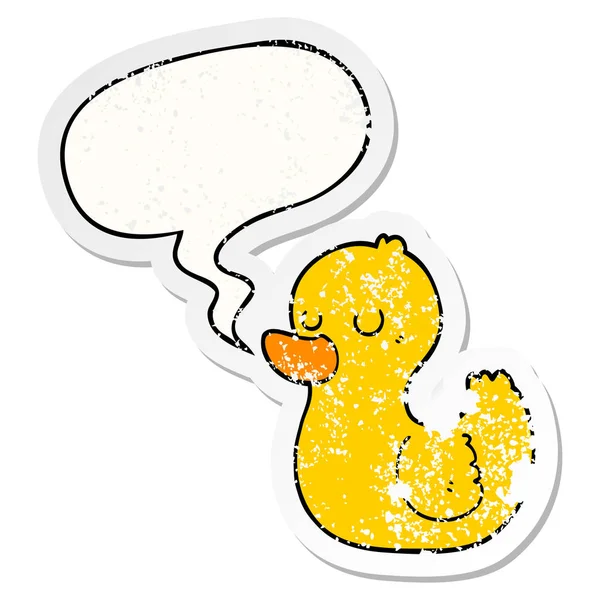 Cartoon duck and speech bubble distressed sticker — Stock Vector