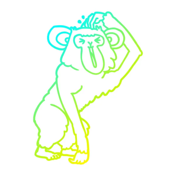 Línea de gradiente frío dibujo dibujos animados chimpancé arañazos cabeza — Vector de stock