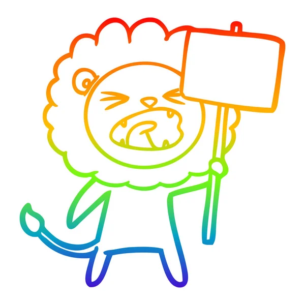 抗議サイン付きの虹のグラデーションライン描画漫画ライオン — ストックベクタ
