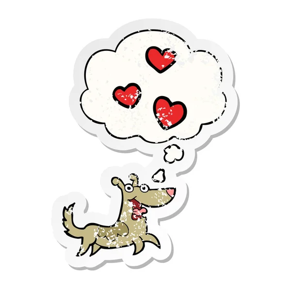 Perro de dibujos animados con corazones de amor y burbuja de pensamiento como un angustiado — Archivo Imágenes Vectoriales