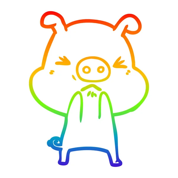 Rainbow gradient line drawing cartoon angry pig — Stock Vector