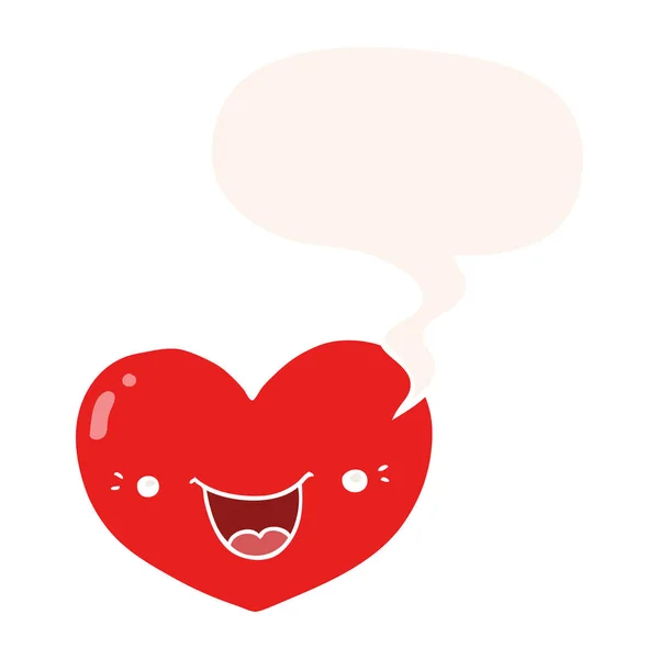 Cartoon love heart character and speech bubble in retro style — Stock Vector