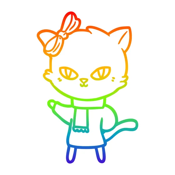 Regenboog gradiënt lijntekening cute cartoon kat in de winterkleren — Stockvector