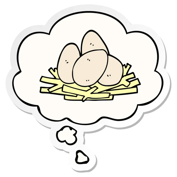 Cartoon eggs in nest and thought bubble as a printed sticker — Stock Vector