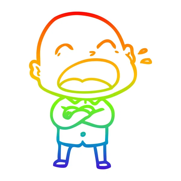 Rainbow gradient line drawing cartoon shouting bald man — Stock Vector