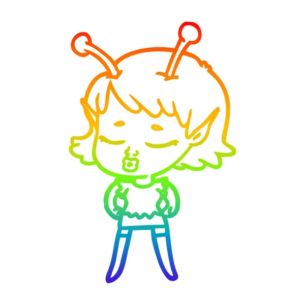 Linea gradiente arcobaleno disegno carino ragazza aliena cartone animato — Vettoriale Stock
