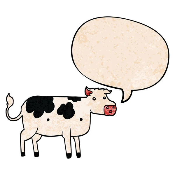 Cartoon cow and speech bubble in retro texture style — Stock Vector