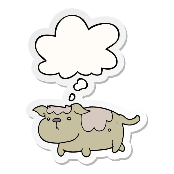 Desenho animado cão e pensamento bolha como um adesivo impresso — Vetor de Stock