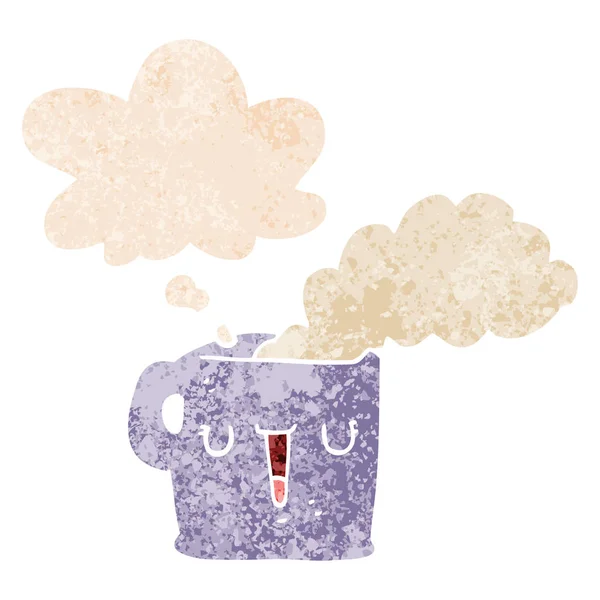 Desenho animado xícara quente de café e bolha de pensamento em retro texturizado s —  Vetores de Stock