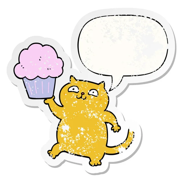 Karikatür kedi ve cupcake ve konuşma balonu sıkıntılı etiket — Stok Vektör