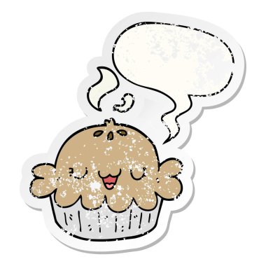 sevimli karikatür pasta ve konuşma balonu sıkıntılı etiket