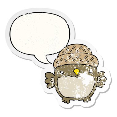 şapka ve konuşma balonu sıkıntılı etiket sevimli karikatür baykuş