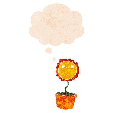 retro dokulu tarzında karikatür çiçek ve düşünce balonu