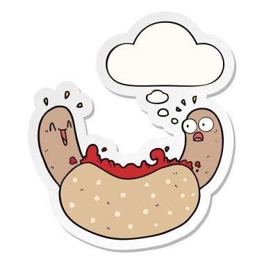 karikatür hotdog ve baskılı bir etiket olarak kabarcık düşünce