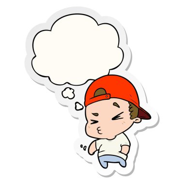 karikatür serin çocuk ve baskılı bir etiket olarak kabarcık düşündüm