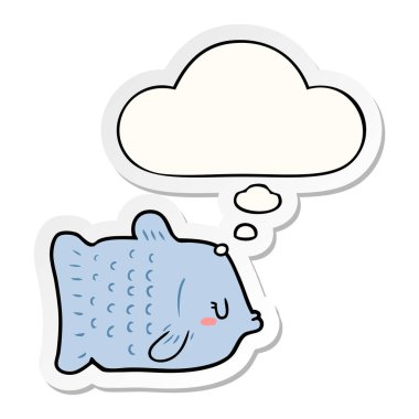 karikatür balık ve baskılı bir etiket olarak kabarcık düşünce