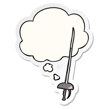 karikatür kılıç ve baskılı bir etiket olarak kabarcık düşünce