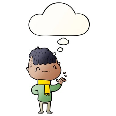 karikatür dostu çocuk ve pürüzsüz degrade tarzında kabarcık düşünce