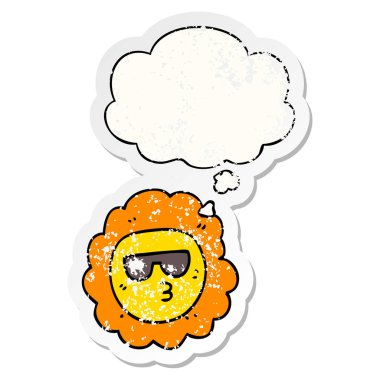 karikatür ayçiçeği ve sıkıntılı yıpranmış sticke olarak kabarcık düşünce