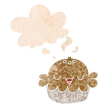 retro dokulu tarzında sevimli karikatür pasta ve düşünce balonu