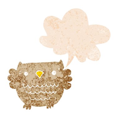 retro dokulu tarzda karikatür baykuş ve konuşma balonu