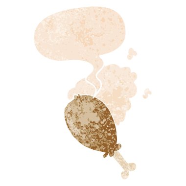 retro dokulu tarzda karikatür tavuk bacak ve konuşma balonu