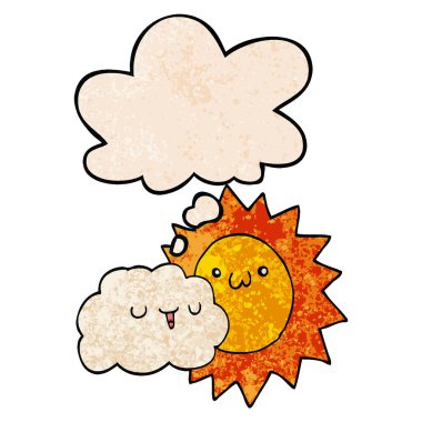 karikatür güneş ve bulut ve grunge doku patte düşünce balonu