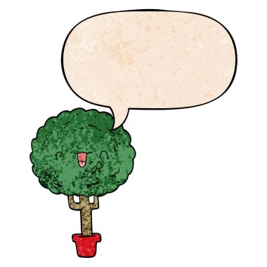 retro doku tarzında karikatür mutlu ağaç ve konuşma balonu