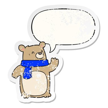 karikatür ayı eşarp ve konuşma balonu sıkıntılı etiket giyen