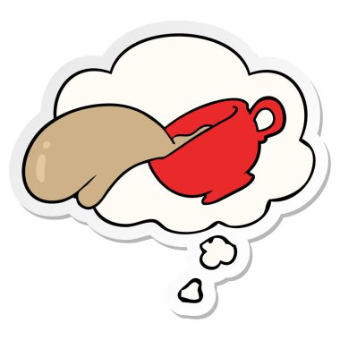 karikatür kahve fincanı ve baskılı bir etiket olarak düşünce balonu