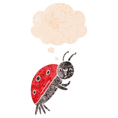 retro dokulu tarzı sevimli karikatür uğur böceği ve düşünce balonu