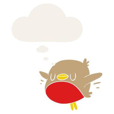 karikatür noel robin ve retro tarzında kabarcık düşünce