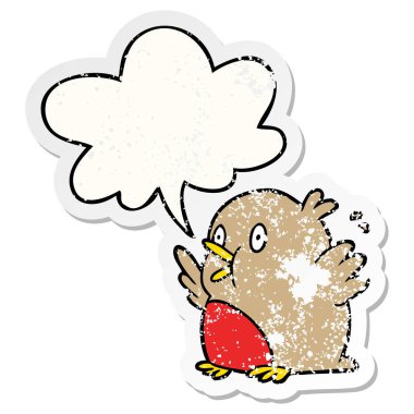 heyecanlı robin ve konuşma balonu sıkıntılı etiket üzerinde karikatür