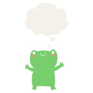 sevimli karikatür kurbağa ve retro tarzında kabarcık düşünce