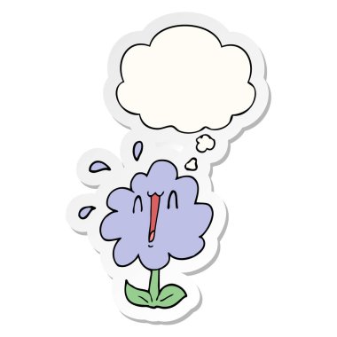 karikatür çiçek ve baskılı bir etiket olarak kabarcık düşünce