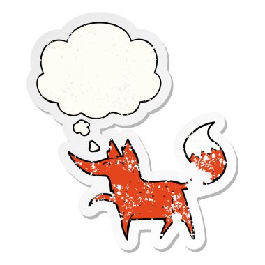 karikatür tilki ve sıkıntılı yıpranmış etiket olarak kabarcık düşünce