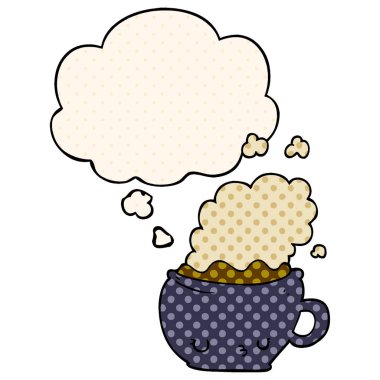 sevimli karikatür kahve fincanı ve çizgi roman tarzında düşünce balonu