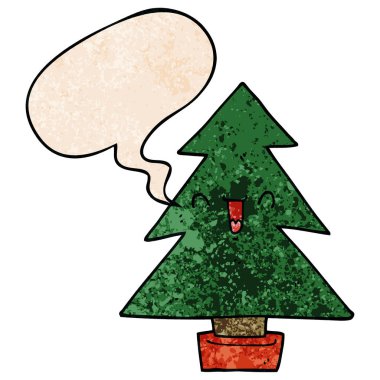 retro doku tarzında karikatür noel ağacı ve konuşma balonu