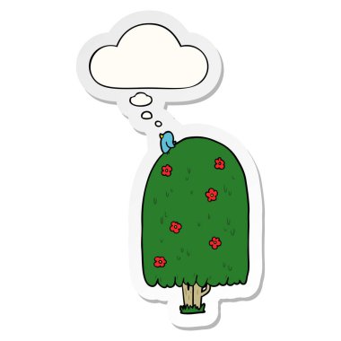 karikatür uzun boylu ağaç ve baskılı bir etiket olarak kabarcık düşünce