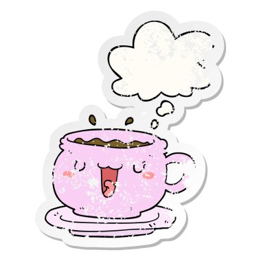 sevimli karikatür fincan ve tabak ve sıkıntılı bir w olarak kabarcık düşünce