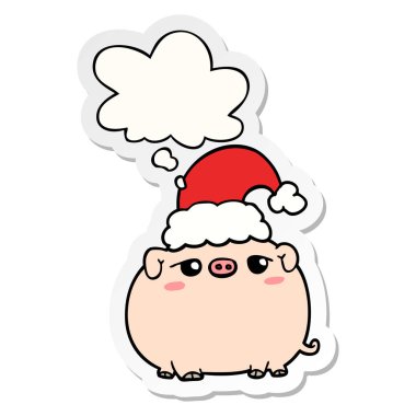 karikatür domuz noel şapka giyen ve bir printe olarak kabarcık düşünce