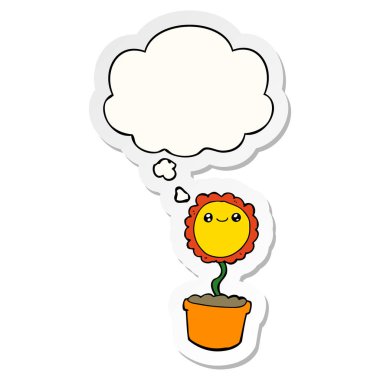 karikatür çiçek ve baskılı bir etiket olarak kabarcık düşünce