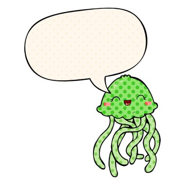 çizgi roman tarzında sevimli karikatür denizanası ve konuşma balonu