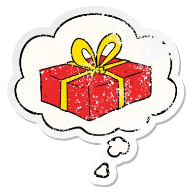 çizgi film sarılmış hediye ve sıkıntılı yıpranmış sti olarak kabarcık düşünce