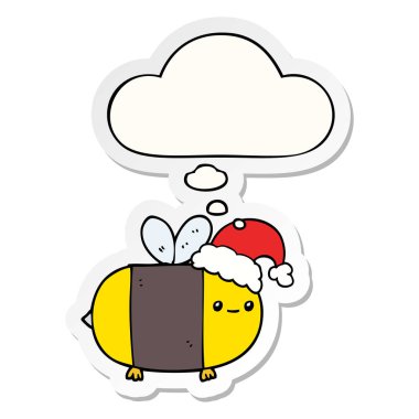 karikatür noel arı ve baskılı bir etiket olarak kabarcık düşünce