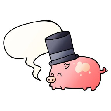 düz degrade üst şapka ve konuşma balonu giyen karikatür domuz