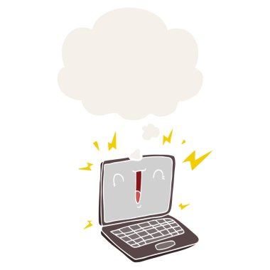 retro tarzı karikatür dizüstü bilgisayar ve düşünce balonu