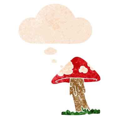 retro dokulu tarzında karikatür mantar ve düşünce balonu